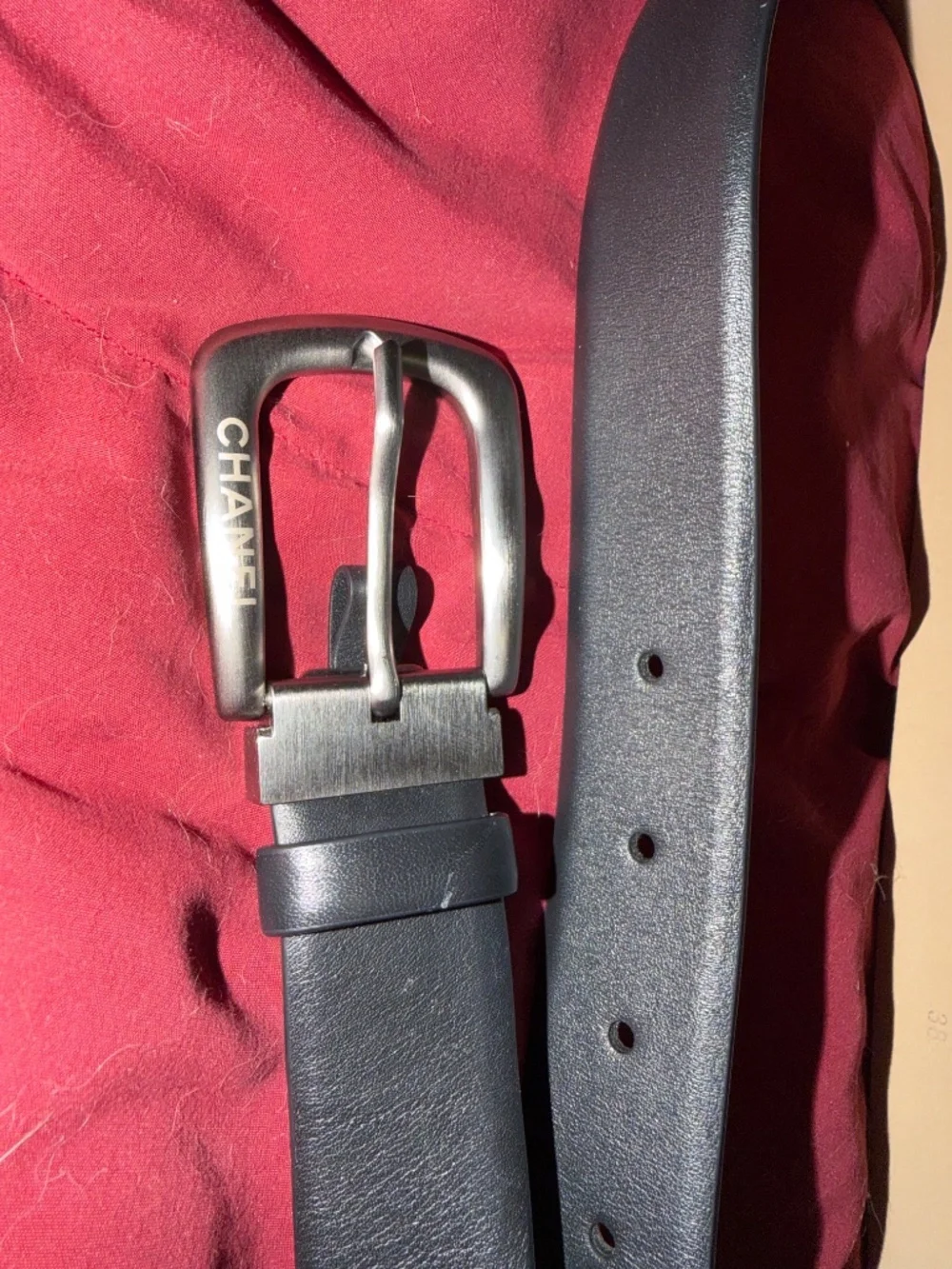 Chanel Belt 95/38 black calf leather with brushed silver buckle. $300 firm.